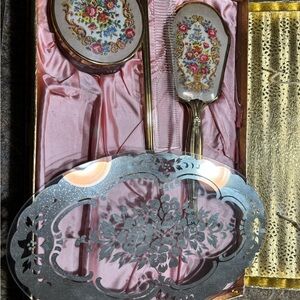 Vintage Hollywood Regency Needlepoint Vanity Set w/ Original Box